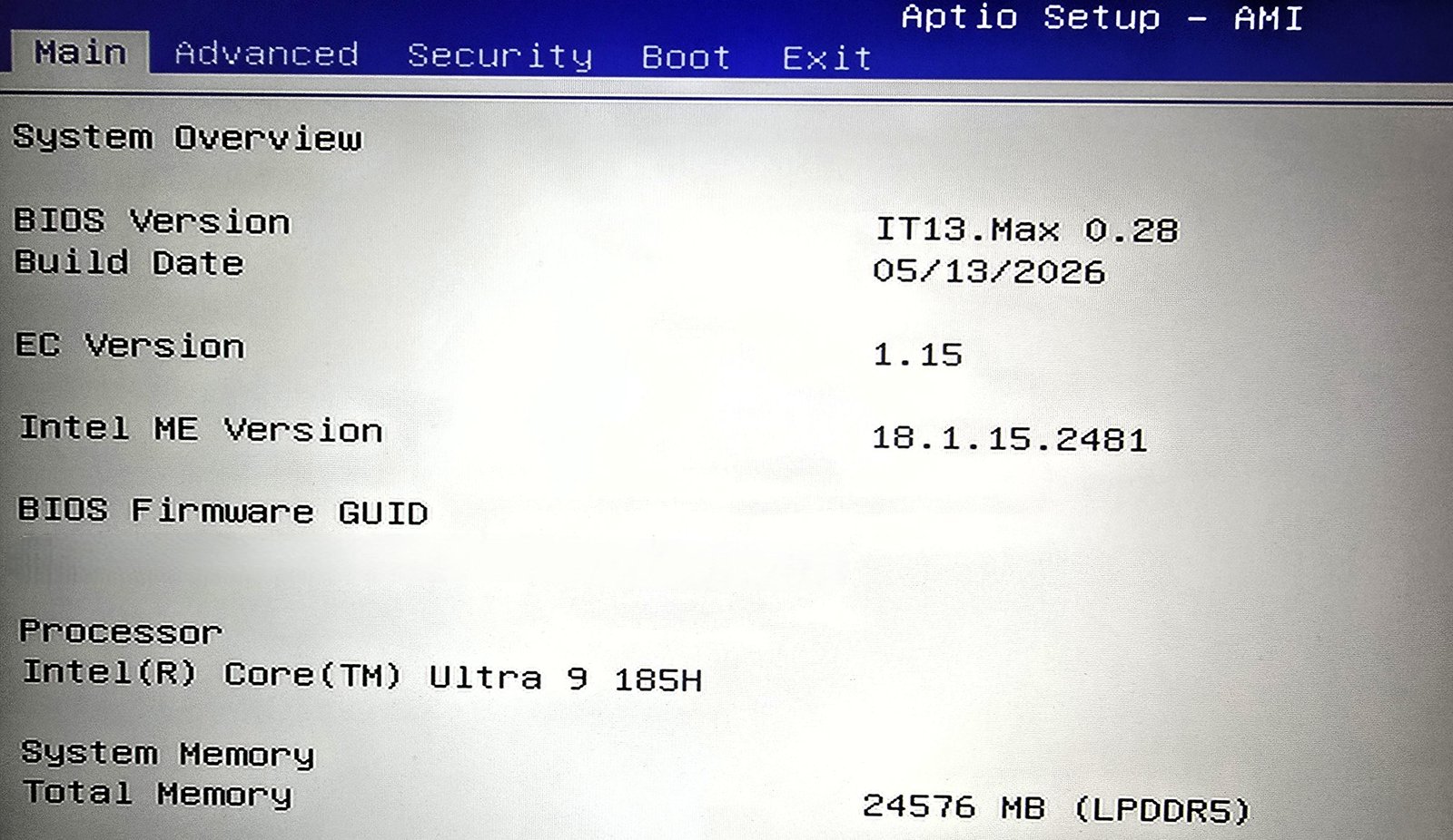 BIOS: IT13.Max 0.28, Core Ultra 9 185H, 24GB LPDDR5