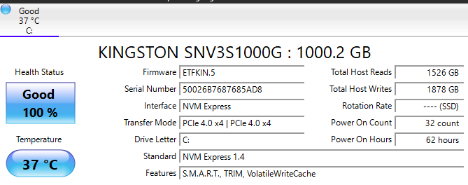 CrystalDiskInfo: Kingston NV3 1TB, PCIe 4.0 x4, health 100%