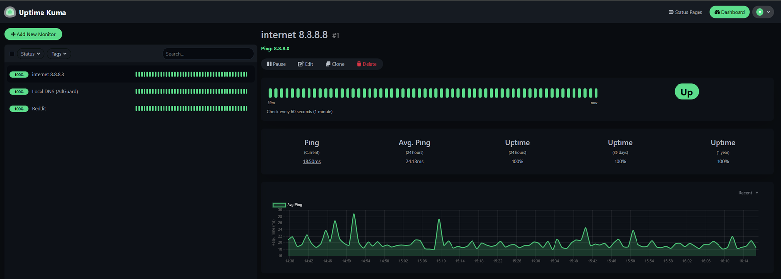Uptime Kuma: all three monitors at 100%